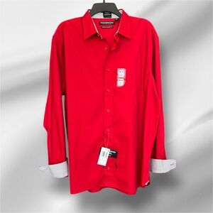 Men's Nick Graham Stretch Modern Shirt Red Geo Floral Accents 18-18.5 36/37 NWT